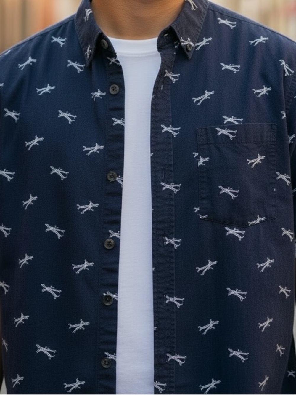 Denim & Flower Airplane Print Button-Down Shirt M